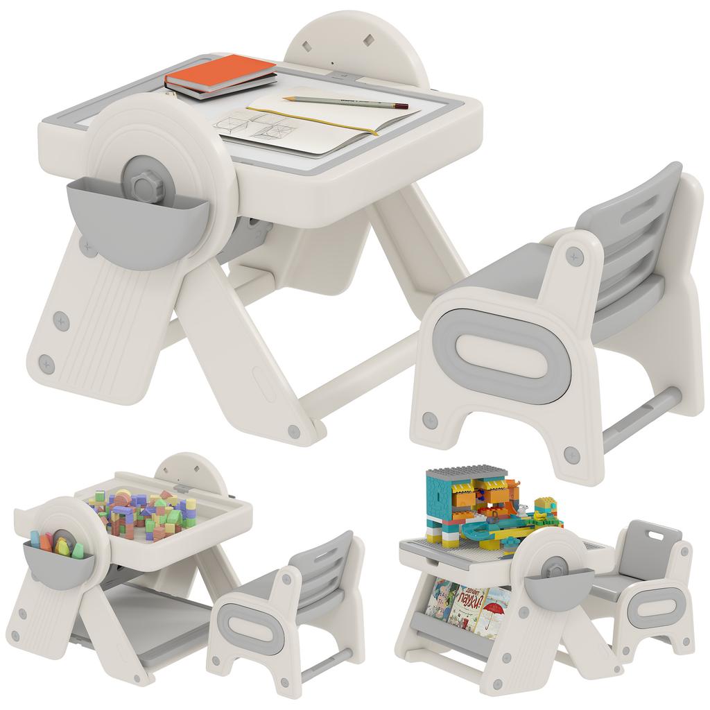 Multipurpose Children's Table with Storage Shelf and Drawers, In HDPE and PP, Grey and White
