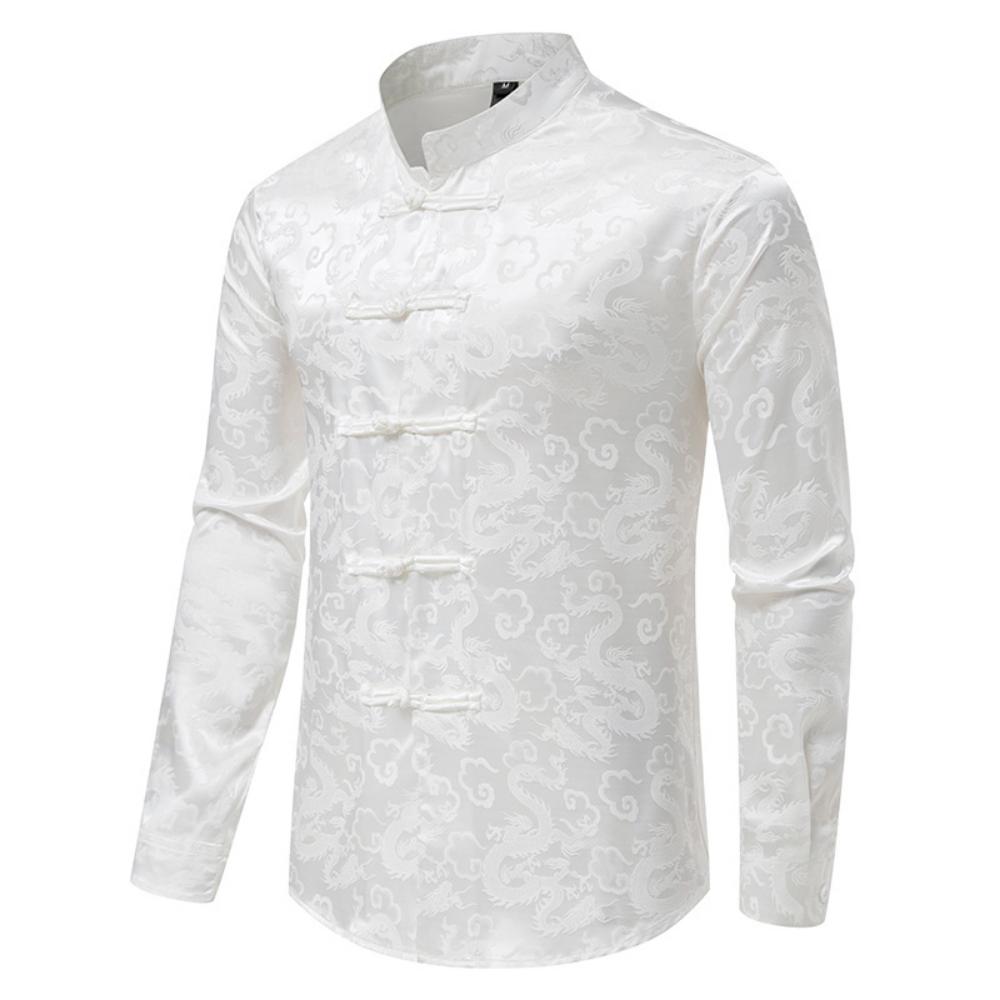 Men Chinese Style Vintage Shirt Mens Tops Tang Suit Fashion Solid Traditional Long Sleeve Stand-Up Collar White Shirt