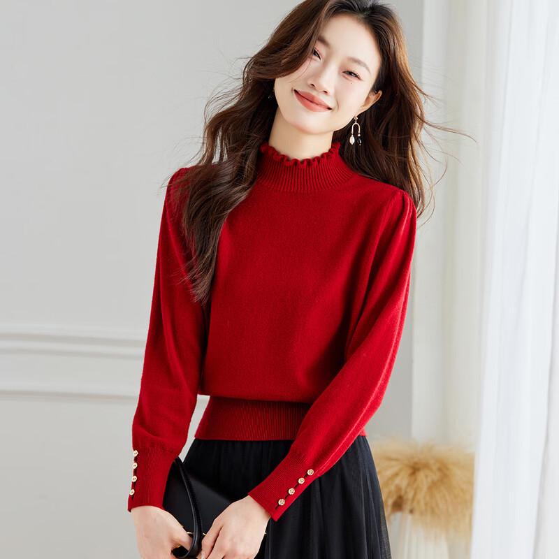 Srcr Women s Ruffle Trim Pure Wool Short Sweater L