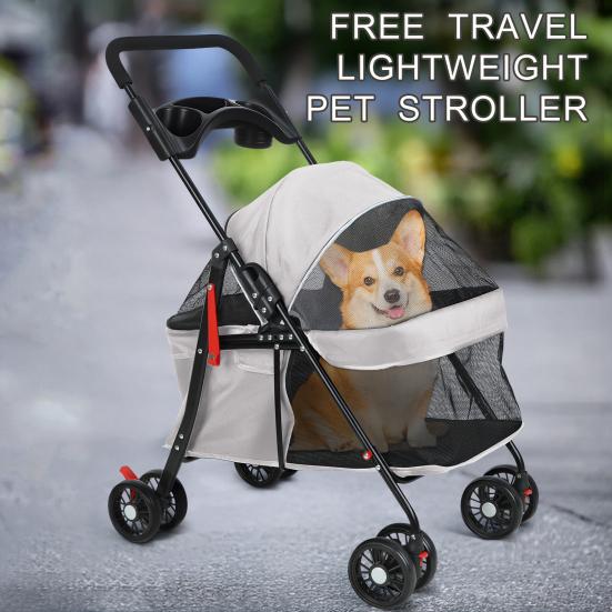 4 Wheels Pet Stroller, Folding Dog Cat Stroller with Cup Holder, Breathable Mesh for Small Pets