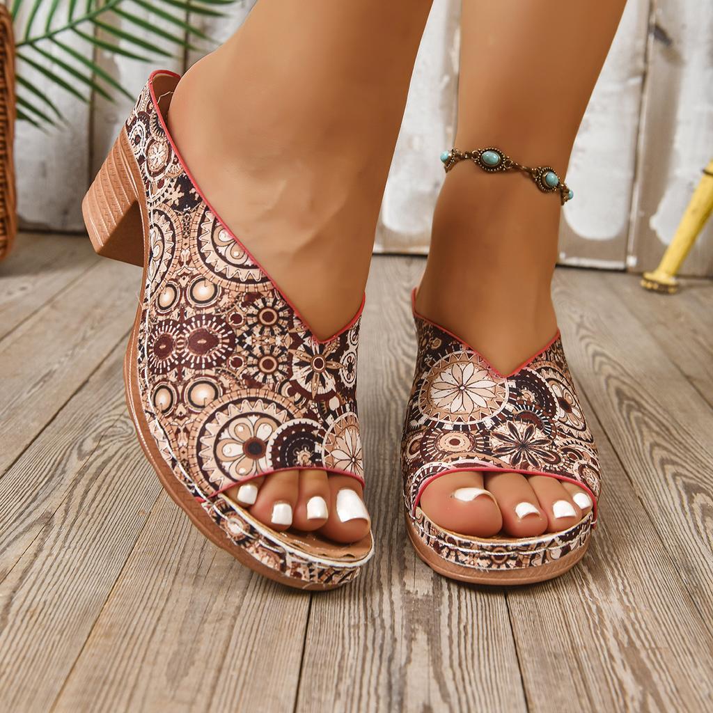 Kadın Kontrast Renkli Topuklu Sandalet, Burnu Açık Topuklu Yumuşak Tabanlı Ayakkabı, Rahat Dış Mekan Yazlık Sandalet