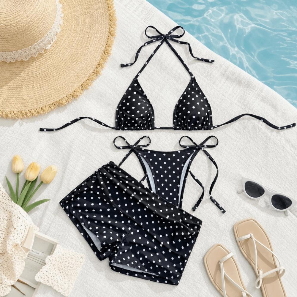 3pcs Halter 3-Piece Swimwear Dot Print Bikinis Set Beachwear Clothing Bathing Suits Summer Season