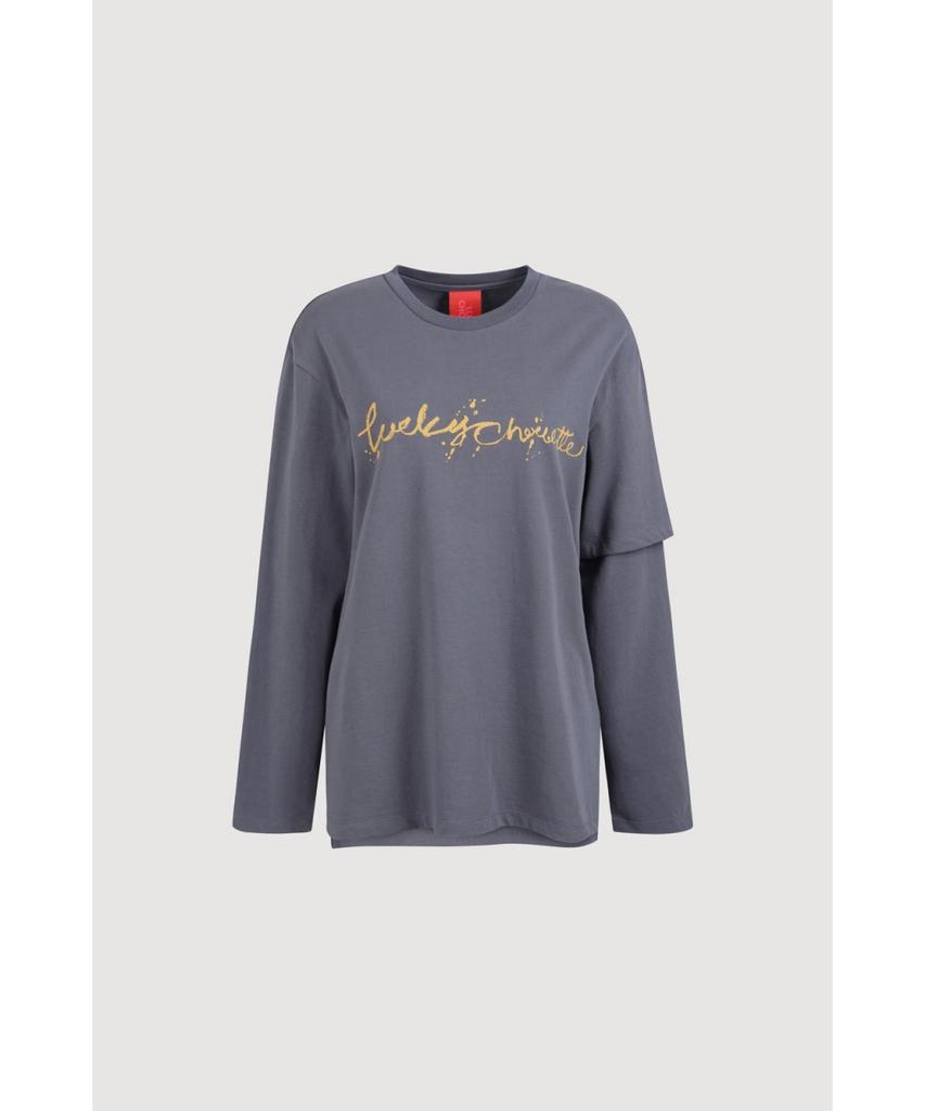 LUCKY CHOUETTE Lettering Point Loose Fit Long Sleeve T-Shirt (Dark Blue) Lftaw25320Bud