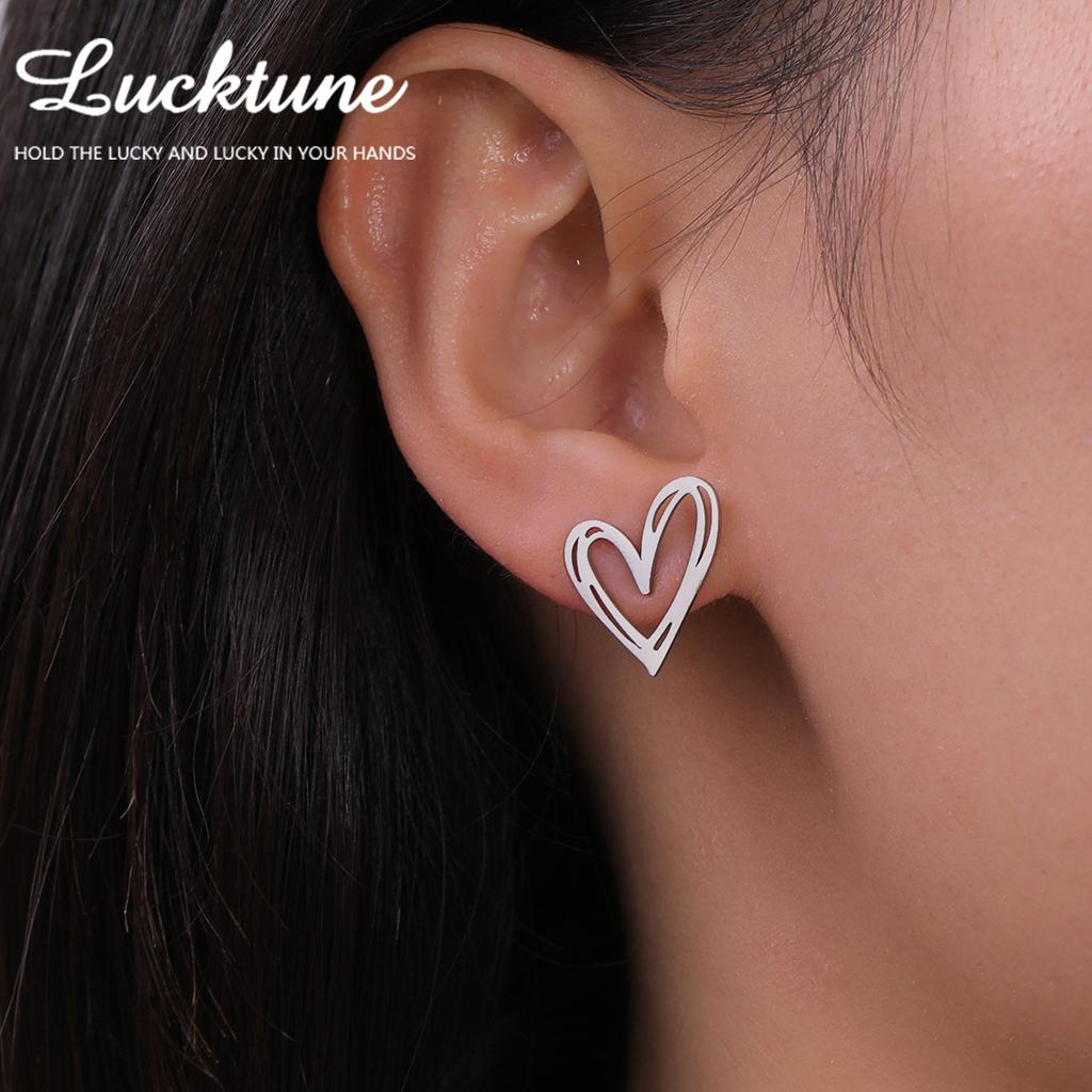Lucktune Heart Stud Earrings Women Stainless Steel aros mujer Love Cutout Piercing Earrings Trend Kpop Jewelry Gift New