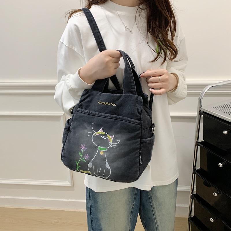 Embroidered Denim Bag Women's Shoulder Bag Cartoon Printed Crossbody Bag