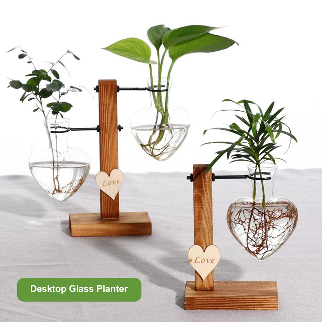 1Pc Heart Shape Hydroponic Vase Desktop Glass Plant Terrarium with Wood Support Stand Glass Vase Water Plant Propagation Station