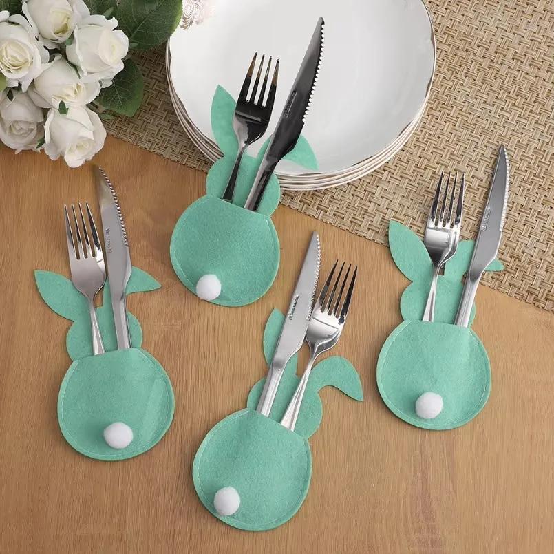 4Pcs Easter Bunny Felt Cutlery Holder Bag Happy Easter Decorations for Home Tableware Accessories Rabbit Cutlery Cover Bag Table