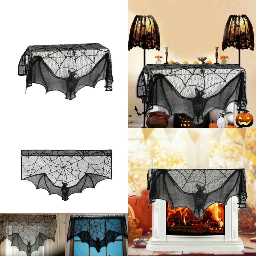 Intricate Black Lace Spider Web Bat Decor For Halloween Fireplace Mantle