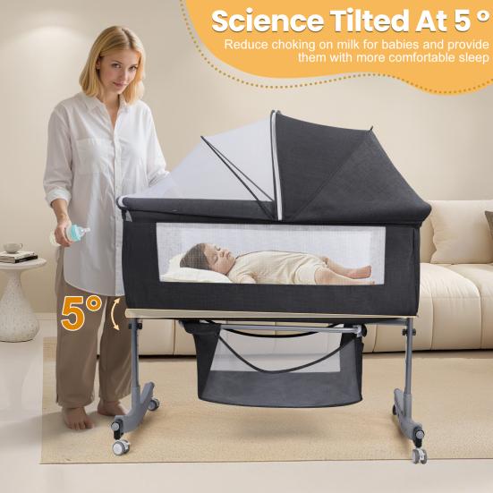 Culla da comodino multifunzione 3 in 1 con cesto portaoggetti, Culla per neonati regolabile in altezza su 6 livelli con zanzariera, Convertibile portatile per neonati