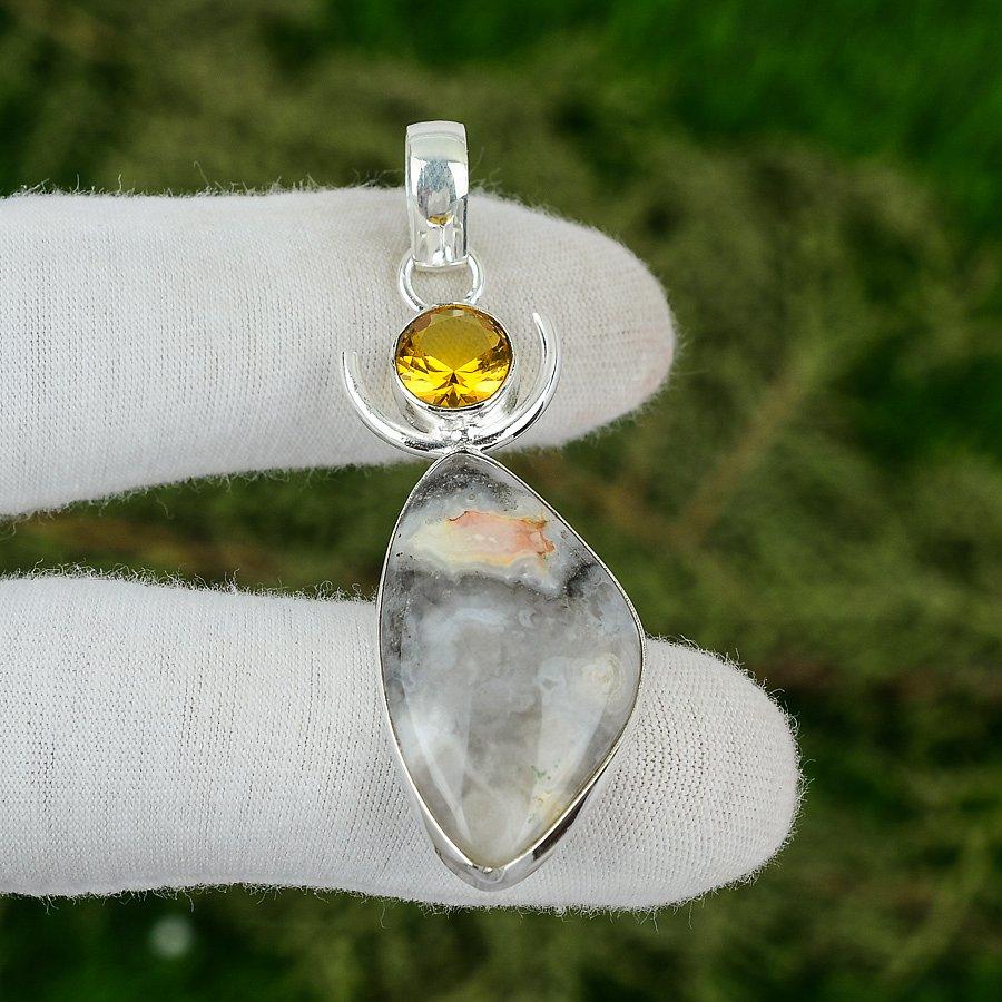 

Серебро 925 пробы Натуральный мексиканский кружевной агат Лагуна Цитрин Безель Бохо Подвеска Ювелирные изделия