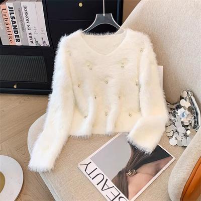Autumn Winter Women Sweet V-neck Soft Furry Mohair Beading Knitted Sweater Christmas Short Pullover Tops