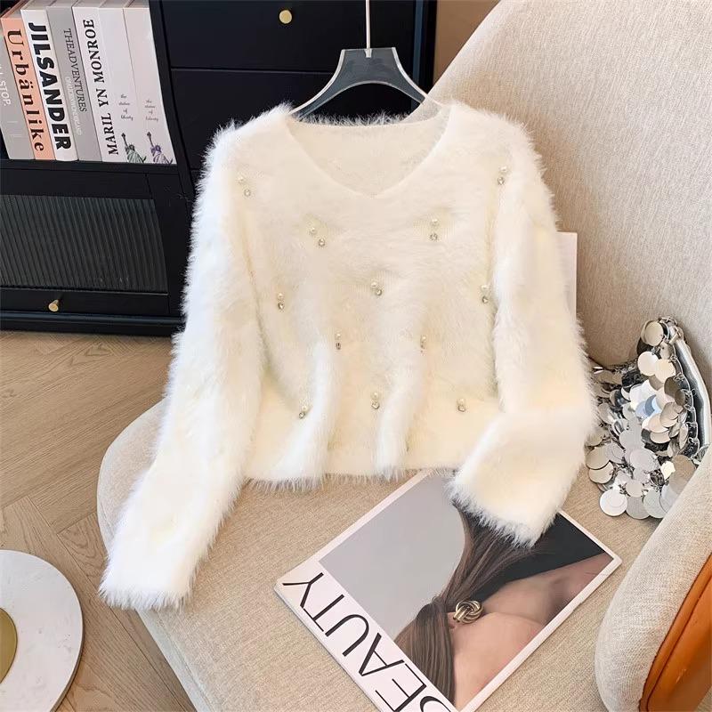 

Осень Зима Женский Сладкий В-образный вырез Мягкий Пушистый Мохер Вышивка бисером Вязаный Свитер Рождественский Короткий Пуловер Топы One Size белый