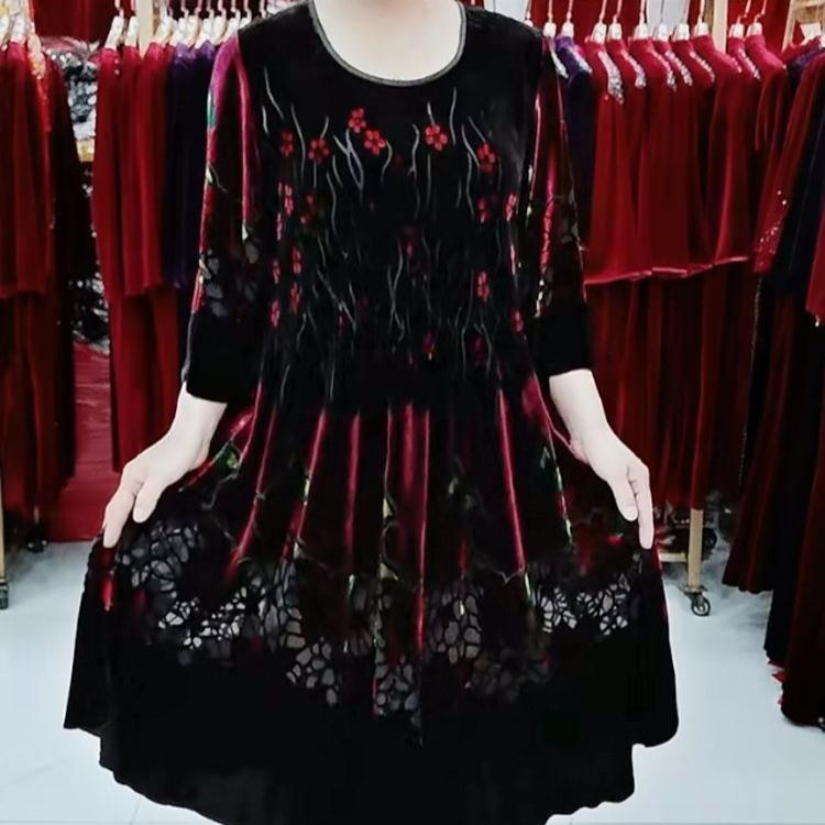 100% Silk Dress for Women Loose Jacquard A-Line Flocked Dress Vintage Soft Skin-Friendly Printed Velvet Dress Spring and Summer