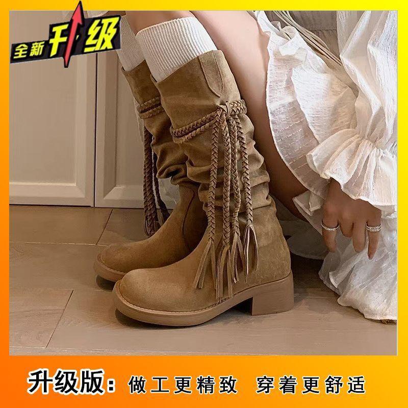 Retro tassel high tube but knee stacking boots women's fashion thick heel women's long tube boots spring and autumn 2025 new models