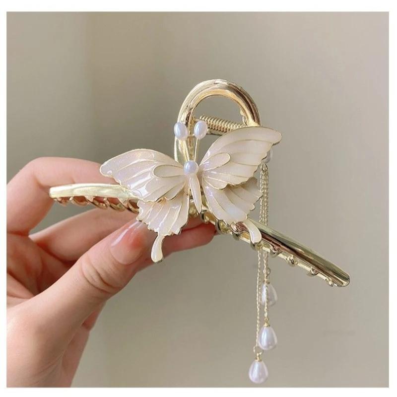 1 Pcs Elegant Tassel Butterfly Pearl Grab Clip Flower Women's Fashion Sweet Metal Headwear High-end Jewelry Accessories