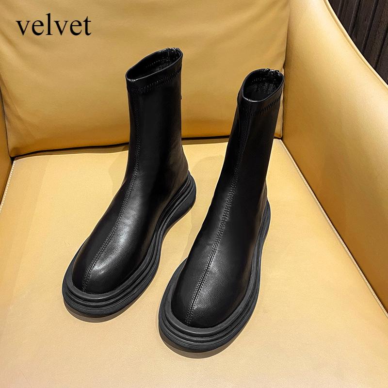 Winter Women's Boots New Autumn/Winter Short Boots Leather Slimming Shoes Thick Soled Elastic Boots Slim Leather Shoes Ladies