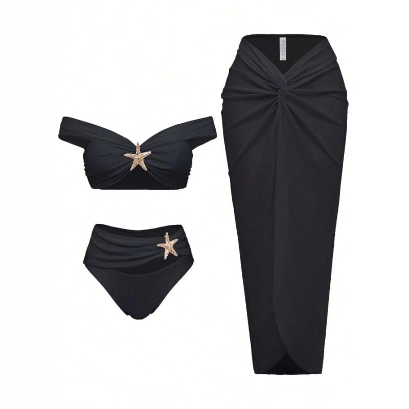 Women European Style Starfish Three Piece Split Bikini Long Skirt Swimsuit S