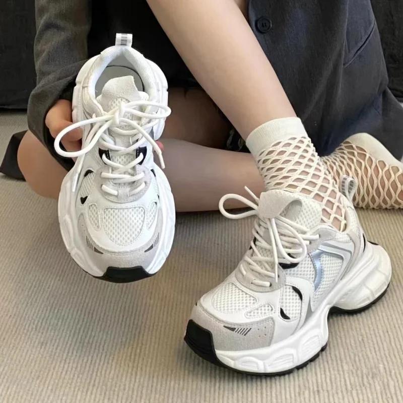 Fashionable and Comfortable Casual Sports Shoes Spring and Autumn New Round Toe Thick-soled Lace-up Breathable Running Shoes 35 белый 3329₽