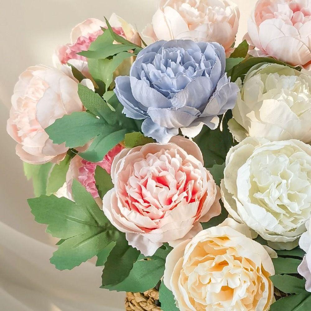 Peony Artifiical Flower Branch Flexible Stems 29cm Height Camellia Fake Flower with Green Leaves Simulation Flower
