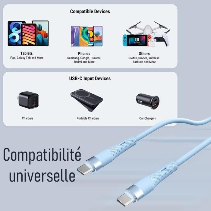 2x Câble USB-C 60W Charge Rapide pour Redmi 14C, 13C, A3, Redmi Note 14, Note 13 Pro, Note 12, Note 11-11S - Bleu 1 Mètre