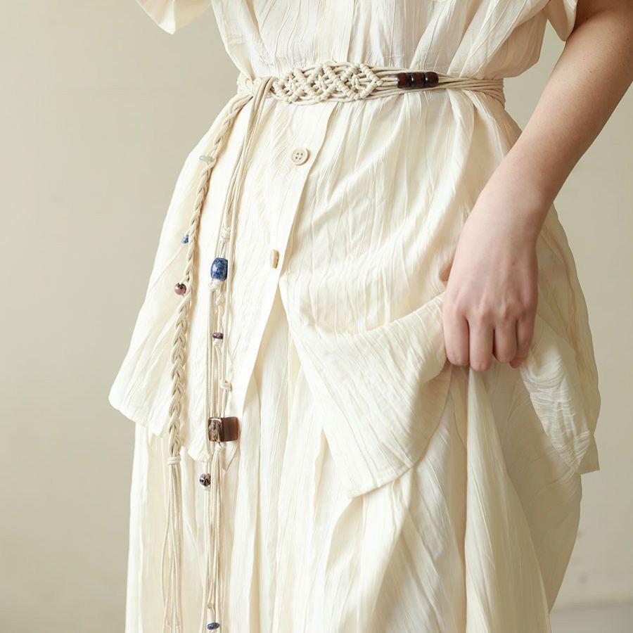Pure Handmade Cotton Waist Rope Woven Fringed Beaded Famous Style Belt Women's Summer Simple and Versatile Waist Chain Literary and Retro