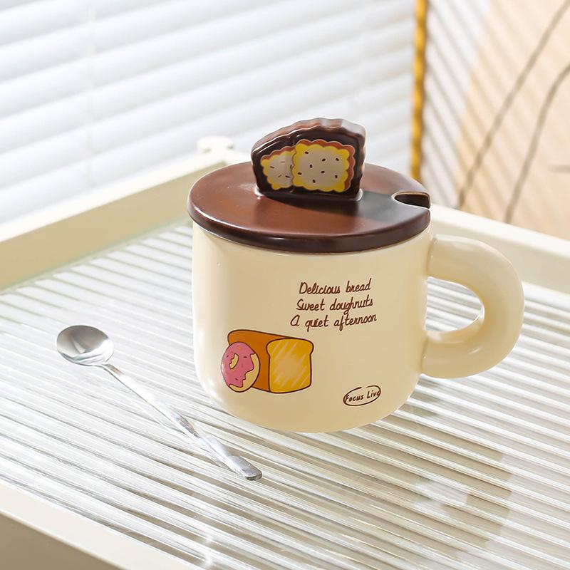 Creative Bread Ceramic Home Use Cute Cartoon Mug Mug Couple Water Cup with Lid Spoon Coffee Cup Breakfast Cup