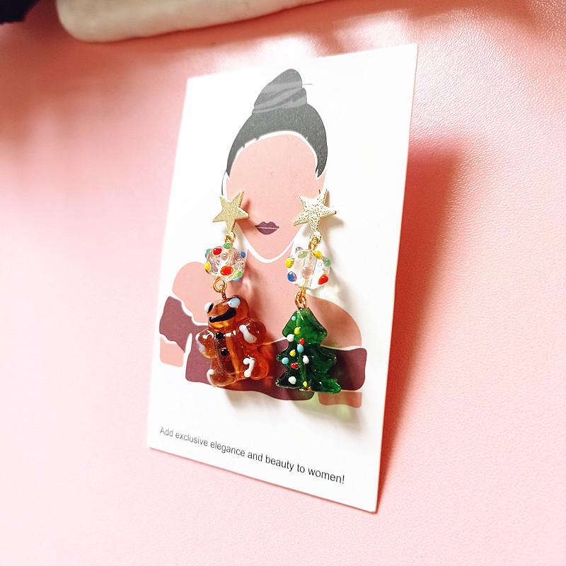 New Fashion Asymmetrical Gingerbread Man Glass Christmas Tree Stud & Dangle Earrings for Women