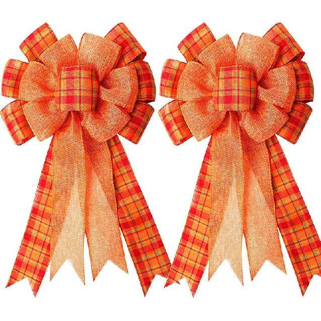 Large Fall Thanksgiving Wreath Gift Bow Orange Buffalo Plaid Check Wreath Swag Bow Wreath Pre-Tied Bow for Fall Thanksgiving Christmas Home Indoor