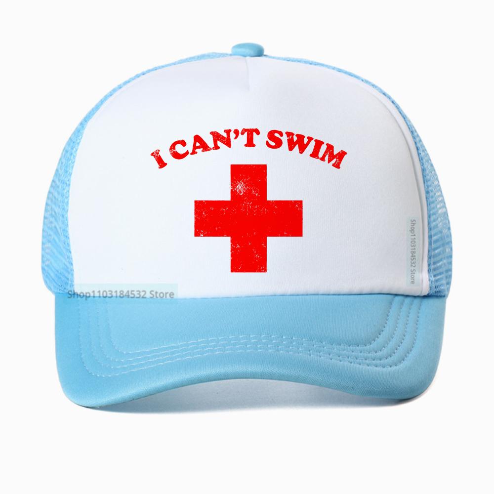

Funny I Cant Swim Lifeguard Graphic baseball cap Unisex Womens Fashion Casual Breathable sun hats outdoor mesh trucker hat Adjustable