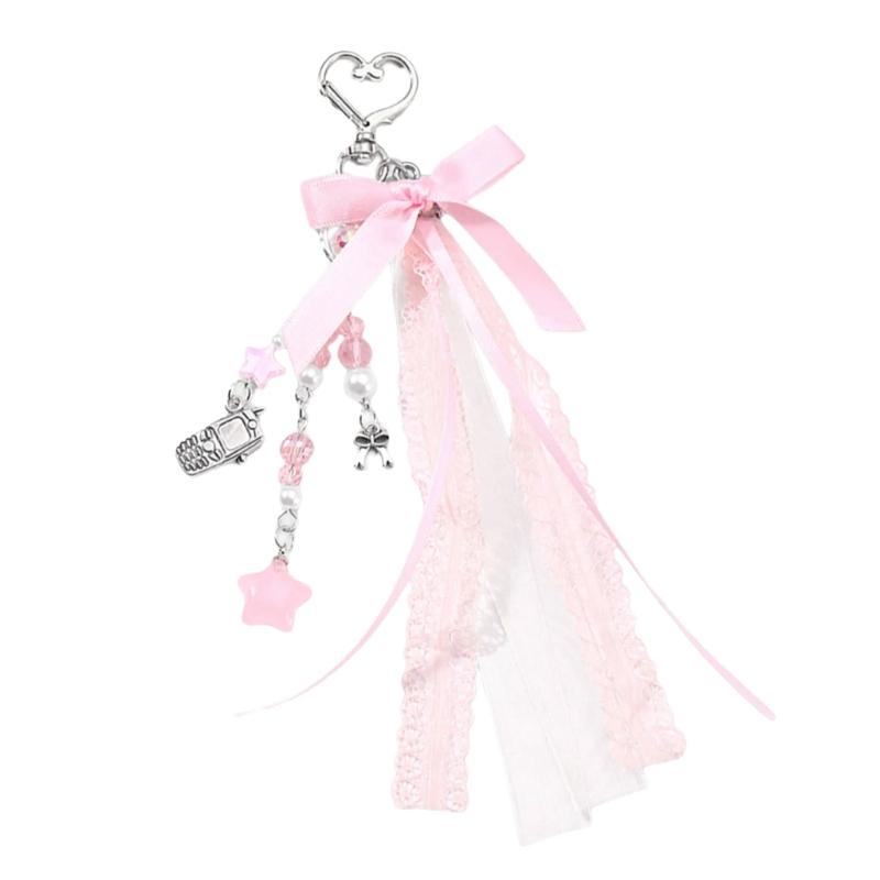 Cute Bag Charm Pendant Keyring Bowknot Heart Braided Rope Keychain Bag Charm for Backpack Purse Handbag Decoration