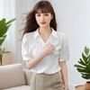 Women's Embroidered Blouse Puff Sleeve Pearl Detail Button-Down Top