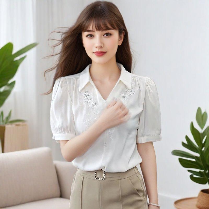

Women s Embroidered Blouse Puff Sleeve Pearl Detail Button-Down Top L білий