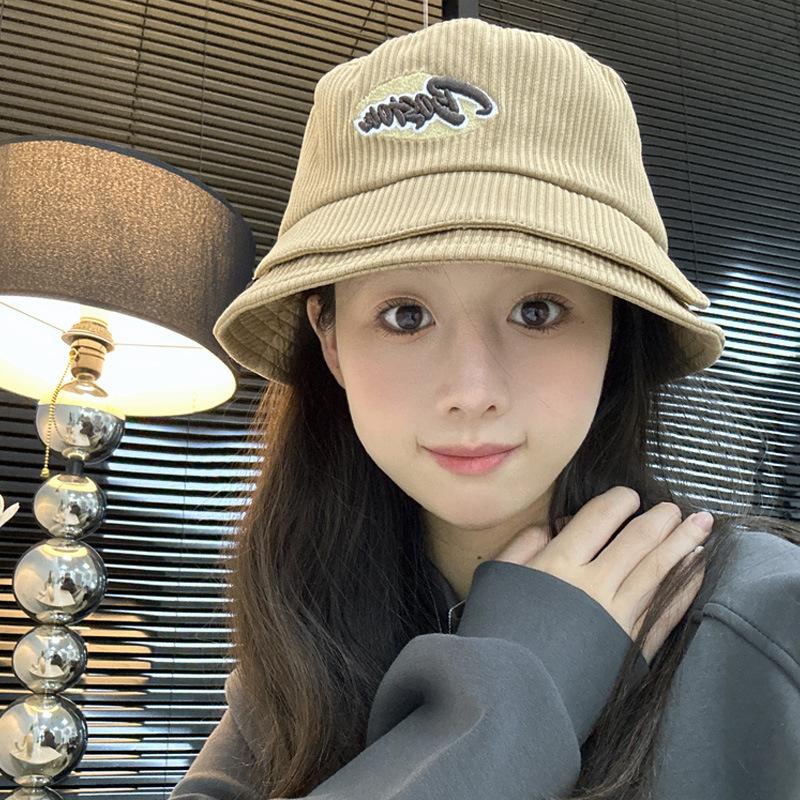 New Autumn and Winter Bucket Hat Women's Fashion Double-brimmed Striped Versatile Corduroy Showing Thin Face Small Letter Basin Hat