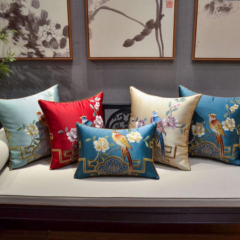 New Chinese-style Throw Pillows with Bird and Flower Embroidery Redwood Sofa Cushion Cover Large Cushion for Living Room Bed