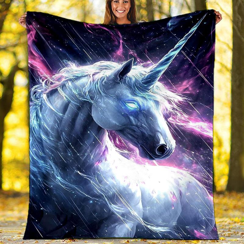 Dark Night Black Unicorn Fleece Blanket, Fantasy Horse Throw