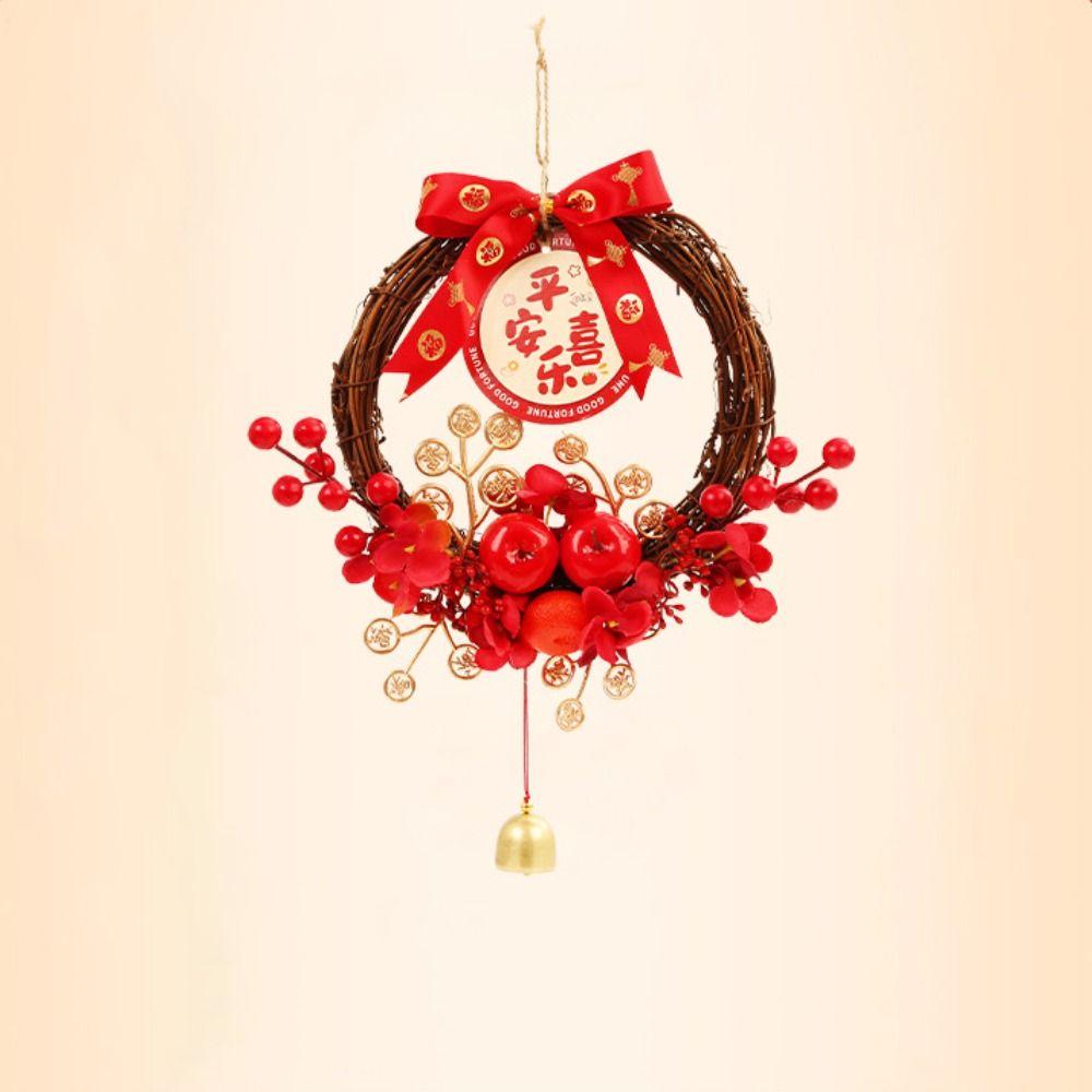 Traditional Chinese New Year Wreath Exquisite Rattan Front Door Wreath Decorative with Bell Artificial Floral Wreath