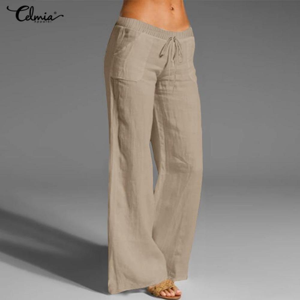 Frühling frauen Baumwolle Leinen Lange Hosen Taschen Elastische Yoga Breite Bein Feste Beiläufige Lose Hosen Plus Größe