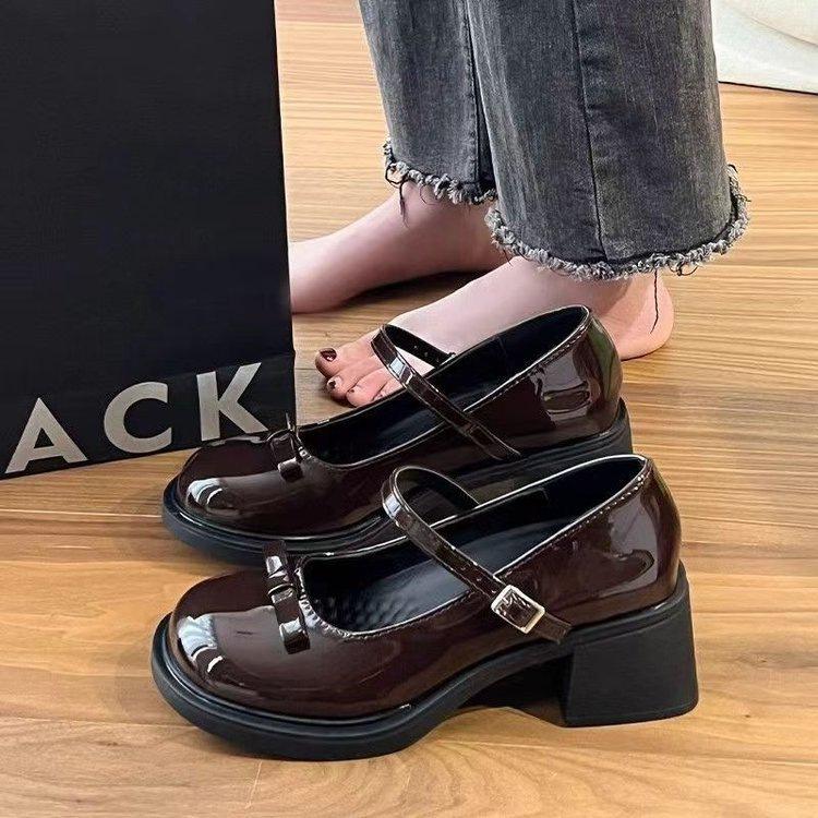 Bow One-word Buckle with Mary Jane Shoes Women's 2025 Spring and Summer New Thick Heel Retro British Style French Small Leather Shoes