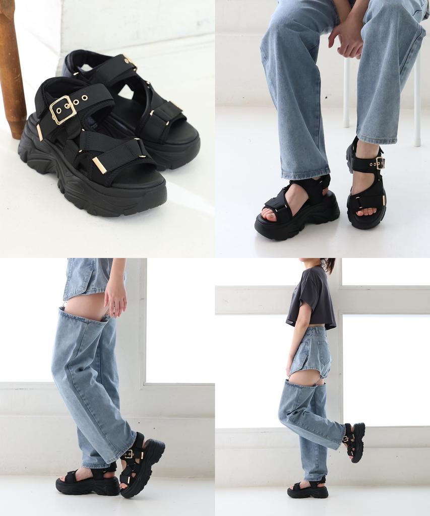 DMTR Velcro Buckle Sports Sandals Women's Thick-Soled (dm1849-L25) (Black/Black, L)