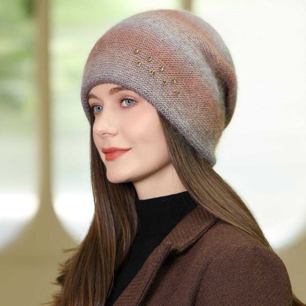 New Women Rabbit Fur Gradient Winter Hat Fashion Decorate Beanie Hat Warm Winter Cap for Female Casual Streetwear Knitted Hat