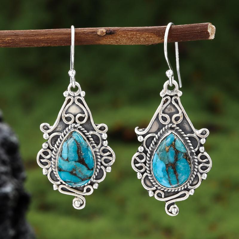 Flower Drop Shape Turquoise Hypoallergenic Earrings Women Girls Jewelry