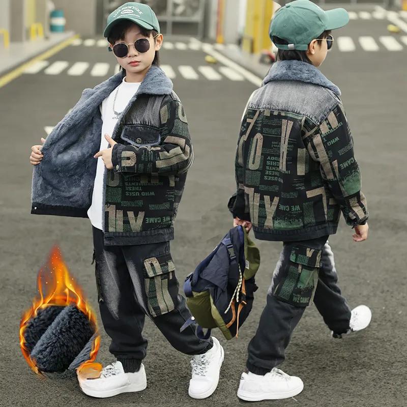 Children's Clothing Boys Winter Denim Suit Plus Velvet Thick Jacket Jeans 2-piece Boy