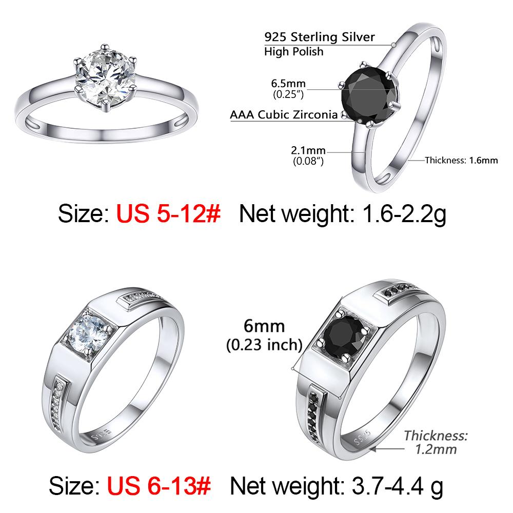 925 Sterling Silver Rings Round Square Black Clear White A+++ CZ Engagement Wedding Custom Lovers Couple Rings Jewelry Gift