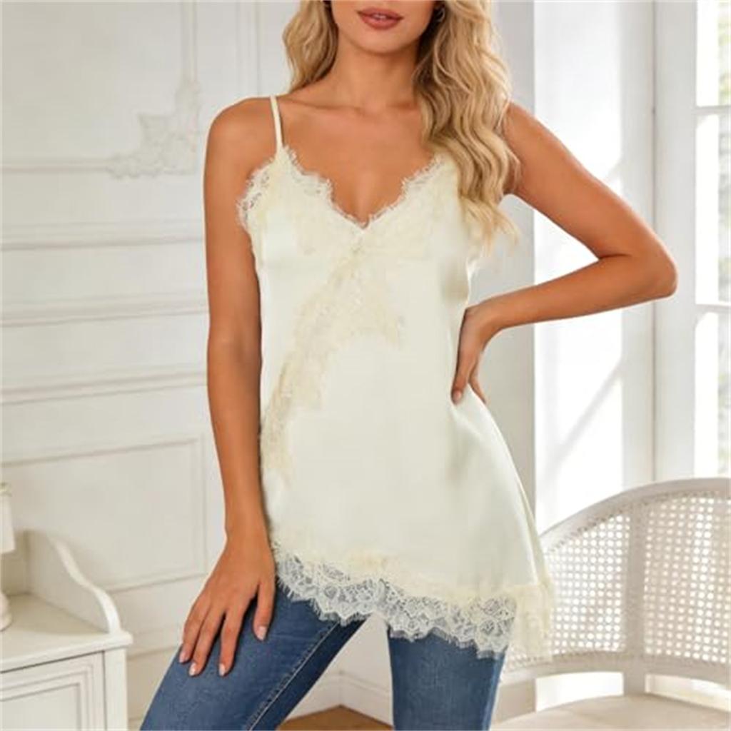 Damen Mode V-Ausschnitt Satin Spitze Camisole Verstellbare Spaghettiträger Sexy Cami Top