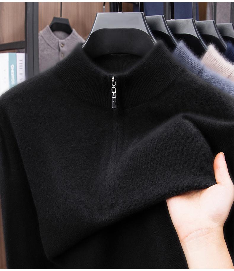 Winter 2025 Men's Warm Wool Sweater, Half-High Collar, Zipper, Solid Color, Thick Knit Base Layer