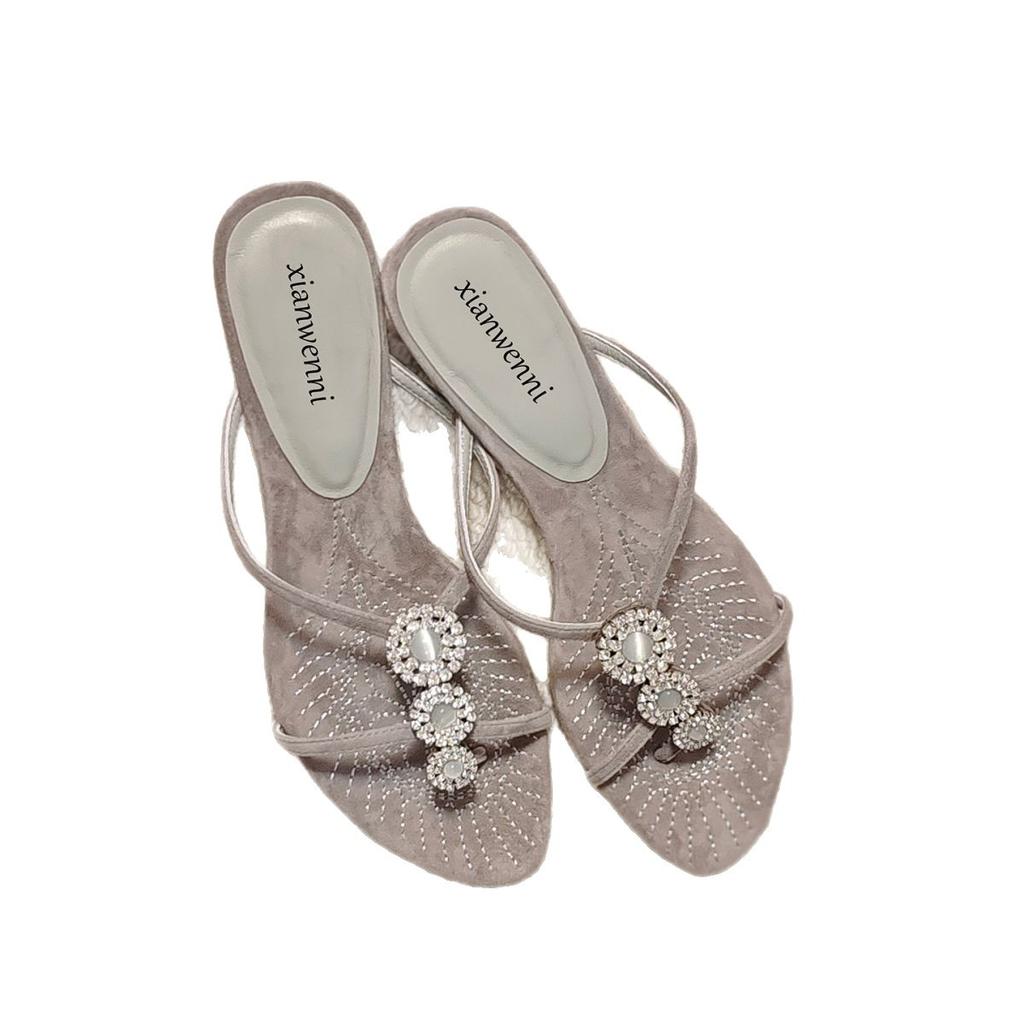 2025 New Retro Kitten and Flip-flops Women's Summer Wear Open-toed Sexy Sandals Rhinestone Toe Cold Slippers