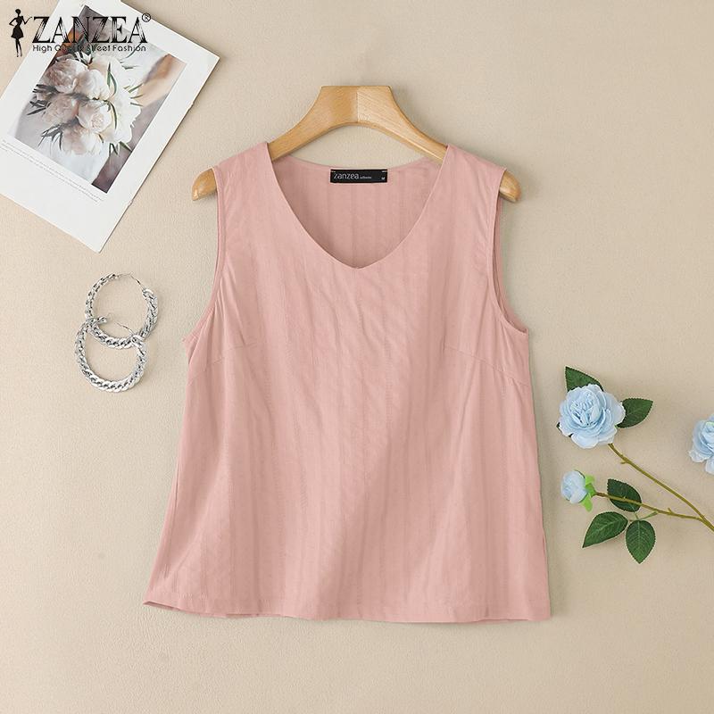 ZANZEA Topuri de damă de vară cu gât în V, largi, casual, fără mâneci