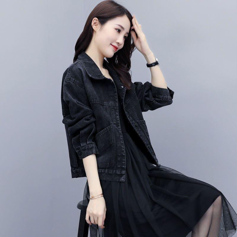 Jeansmantel Damen Jeansmantel Umlegekragen Einreihig Vollarmjacken Lockere lässige normale Kurzjacke