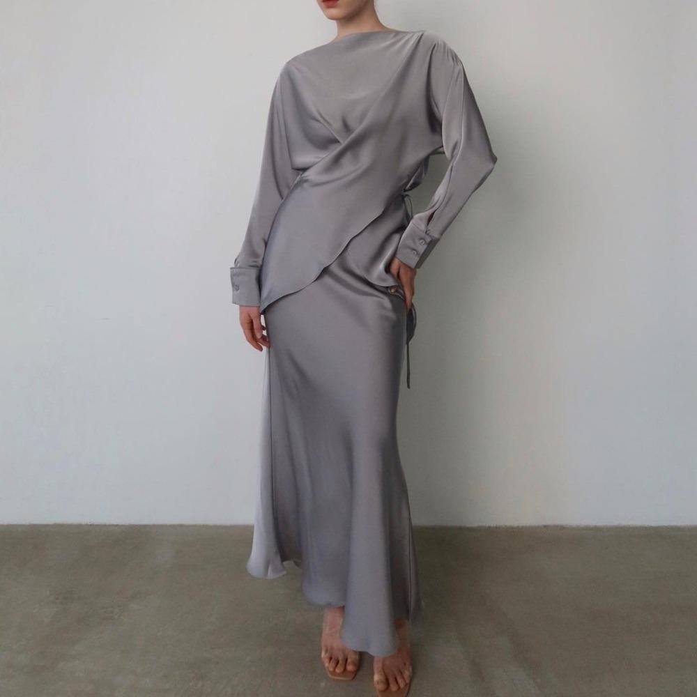 European and American Hot Style Elegant Satin Suit Women's Long Sleeve Tie Top Two-piece Skirt Set