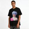 Fashion Half Turtleneck Top with Light Blue Hair Character Print Color Block Trendy Casual Style Pure Cotton T-shirt